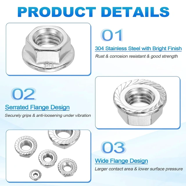 Alt view image 3 of 7 - 100 Pcs 3/8-16 UNC Serrated Flange Hex Nuts, 304 SS