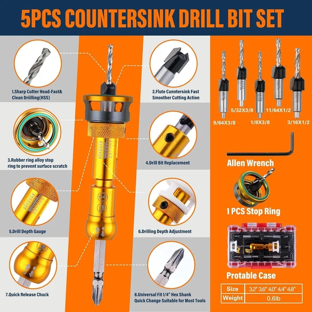 Alt view image 2 of 6 - 5 Pcs Countersink Drill Bit Set with PH2 Bit for Wood