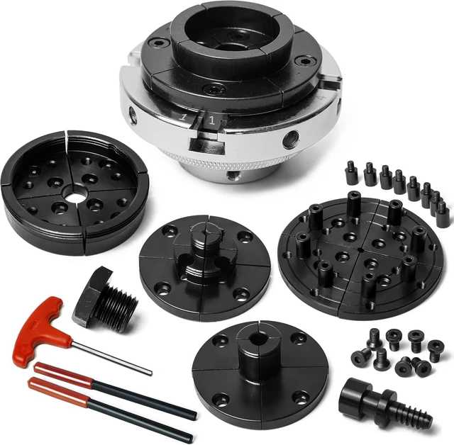 Main image of 4" Wood Lathe Self-Centering Chuck Set with Dovetail, Pin, Step, Wide & 5" Flat Jaws, Wood Screw, 1"x8TPI Thread, 3/4"x16TPI Adapter, Nickel Coated