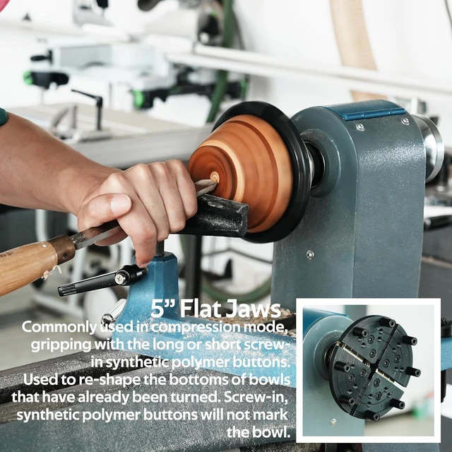 Alt view image 4 of 7 - 4" Wood Lathe Self-Centering Chuck Set with Dovetail, Pin, Step, Wide & 5" Flat Jaws, Wood Screw, 1"x8TPI Thread, 3/4"x16TPI Adapter, Nickel Coated