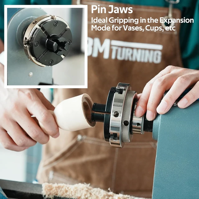 Alt view image 6 of 7 - 4" Wood Lathe Self-Centering Chuck Set with Dovetail, Pin, Step, Wide & 5" Flat Jaws, Wood Screw, 1"x8TPI Thread, 3/4"x16TPI Adapter, Nickel Coated