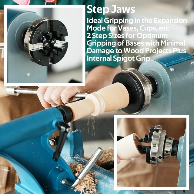 Alt view image 7 of 7 - 4" Wood Lathe Self-Centering Chuck Set with Dovetail, Pin, Step, Wide & 5" Flat Jaws, Wood Screw, 1"x8TPI Thread, 3/4"x16TPI Adapter, Nickel Coated