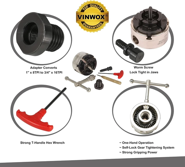 Alt view image 2 of 7 - 3-3/4 Inch 4-Jaw Self-Centering Wood Lathe Chuck, 2" Round Jaw, 1"x8TPI & 3/4"x16TPI Adapter, Tightening Key, T Allen Wrench, Screw Chuck, SCK4-3.75, Nickel Coated