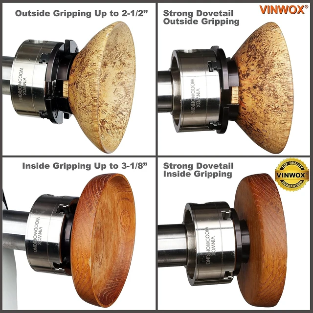 Alt view image 3 of 7 - 3-3/4 Inch 4-Jaw Self-Centering Wood Lathe Chuck, 2" Round Jaw, 1"x8TPI & 3/4"x16TPI Adapter, Tightening Key, T Allen Wrench, Screw Chuck, SCK4-3.75, Nickel Coated