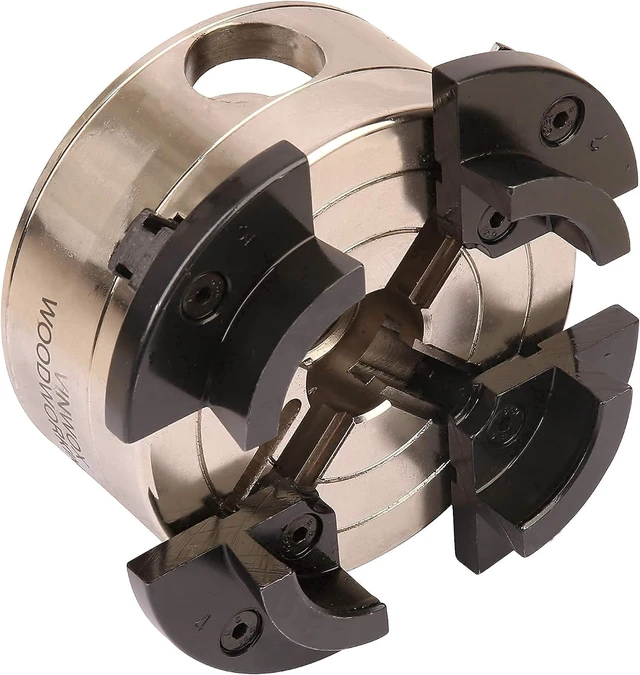Alt view image 5 of 7 - 3-3/4 Inch 4-Jaw Self-Centering Wood Lathe Chuck, 2" Round Jaw, 1"x8TPI & 3/4"x16TPI Adapter, Tightening Key, T Allen Wrench, Screw Chuck, SCK4-3.75, Nickel Coated