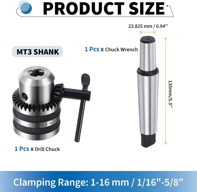 Alt view image 2 of 7 - Keyed Drill Chuck Set 1-16mm (1/16"-5/8") with MT3 Shank, High Carbon Steel