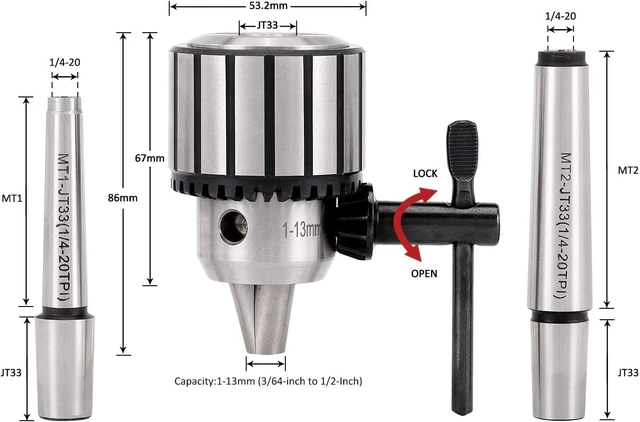 Alt view image 2 of 7 - 4-Piece 1/2 Inch Drill Chuck Set with Key & Morse Taper Arbors