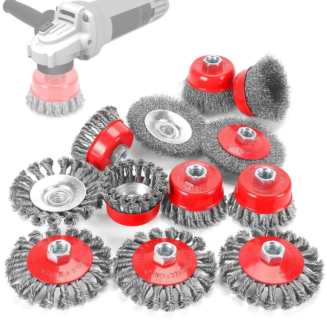 Main image of 12 Pack Wire Wheel Brush Set for Angle Grinder 6x 4" Wheels & 6x 3" Cups, 5/8"-11 Arbor, 0.020 In Twisted Knotted Carbon Steel for Rust Removal