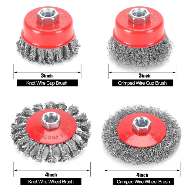 Alt view image 2 of 6 - 12 Pack Wire Wheel Brush Set for Angle Grinder 6x 4" Wheels & 6x 3" Cups, 5/8"-11 Arbor, 0.020 In Twisted Knotted Carbon Steel for Rust Removal