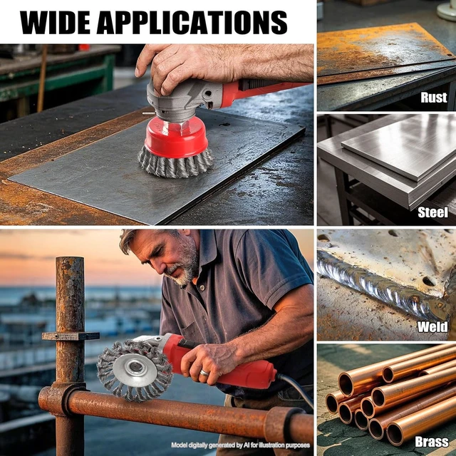 Alt view image 6 of 6 - 12 Pack Wire Wheel Brush Set for Angle Grinder 6x 4" Wheels & 6x 3" Cups, 5/8"-11 Arbor, 0.020 In Twisted Knotted Carbon Steel for Rust Removal