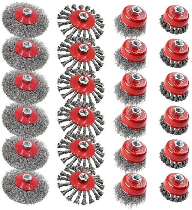 Main image of 24 Pack Wire Wheel Brush Set 12x 4-1/2" Wheels & 12x 3" Cups for 4-1/2" Angle Grinder, 5/8"-11 Arbor, Carbon Steel for Heavy-Duty Rust Removal