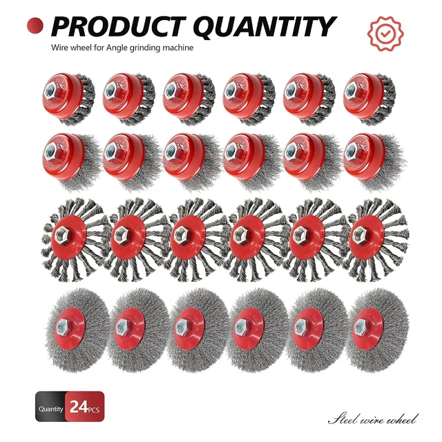 Alt view image 4 of 7 - 24 Pack Wire Wheel Brush Set 12x 4-1/2" Wheels & 12x 3" Cups for 4-1/2" Angle Grinder, 5/8"-11 Arbor, Carbon Steel for Heavy-Duty Rust Removal