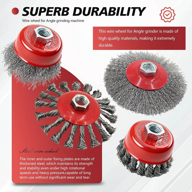 Alt view image 3 of 7 - 24 Pack Wire Wheel Brush Set 12x 4-1/2" Wheels & 12x 3" Cups for 4-1/2" Angle Grinder, 5/8"-11 Arbor, Carbon Steel for Heavy-Duty Rust Removal
