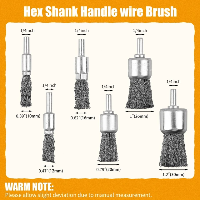 Alt view image 2 of 6 - 30 Pack Wire End Brush Set, 6 Sizes 0.012" Crimped Carbon Steel, 1/4 Inch Hex Shank for Drill