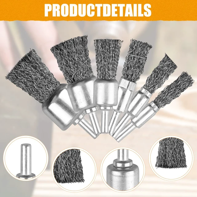 Alt view image 3 of 6 - 30 Pack Wire End Brush Set, 6 Sizes 0.012" Crimped Carbon Steel, 1/4 Inch Hex Shank for Drill