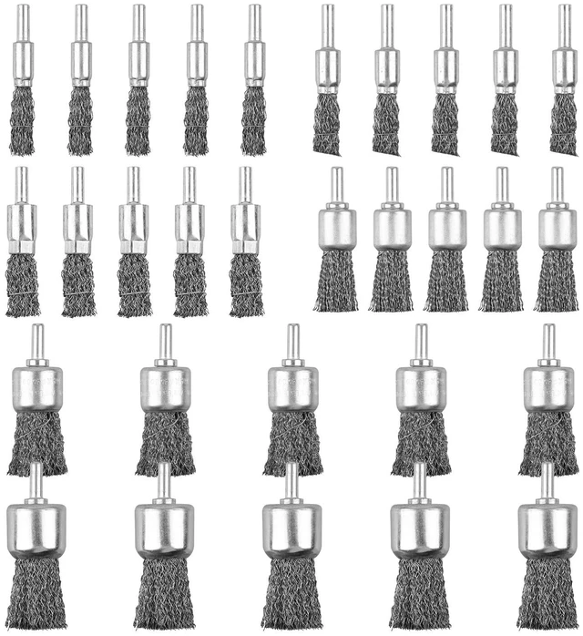Main image of 30 Pack Wire End Brush Set, 6 Sizes 0.012" Crimped Carbon Steel, 1/4 Inch Hex Shank for Drill