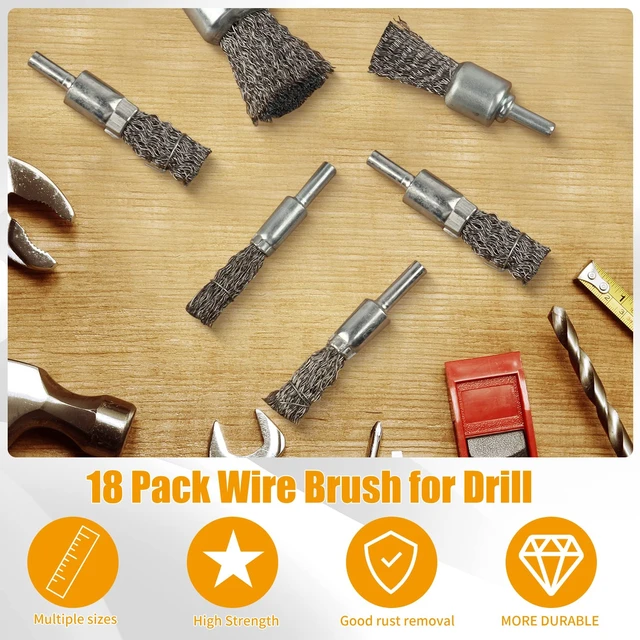 Alt view image 4 of 6 - 30 Pack Wire End Brush Set, 6 Sizes 0.012" Crimped Carbon Steel, 1/4 Inch Hex Shank for Drill