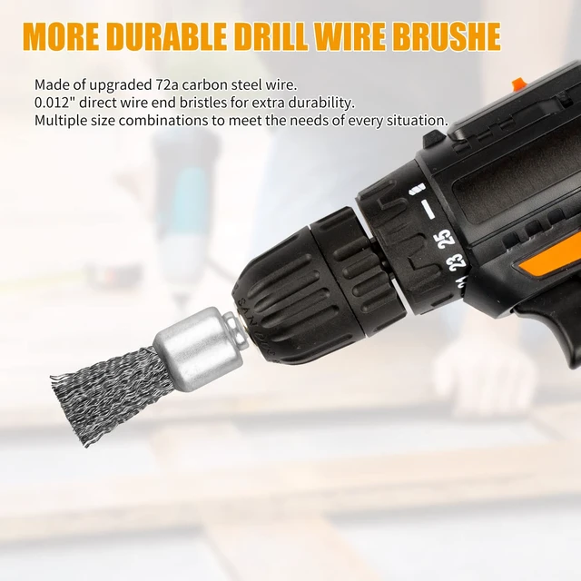 Alt view image 6 of 6 - 30 Pack Wire End Brush Set, 6 Sizes 0.012" Crimped Carbon Steel, 1/4 Inch Hex Shank for Drill