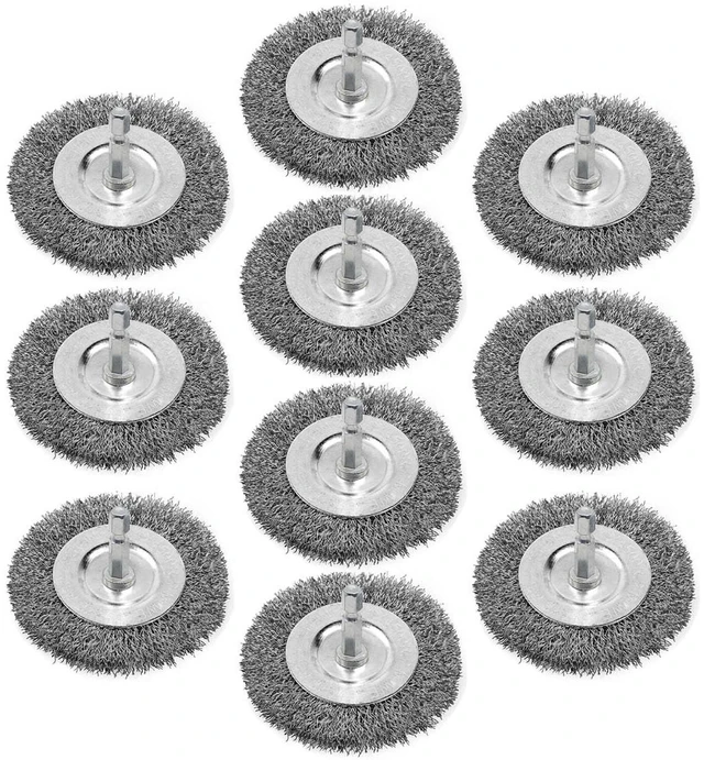 Main image of 10 Pcs 4 Inch Wire Wheel Cup Brush Set for Drill, 0.012" Coarse Crimped Carbon Steel, 1/4" Hex Shank, for Rust, Paint & Corrosion Removal