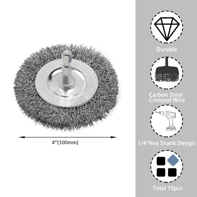 Alt view image 2 of 5 - 10 Pcs 4 Inch Wire Wheel Cup Brush Set for Drill, 0.012" Coarse Crimped Carbon Steel, 1/4" Hex Shank, for Rust, Paint & Corrosion Removal