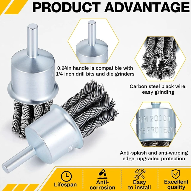Alt view image 3 of 7 - 20 Pack 1 Inch Twist Knotted Wire End Brush with 1/4 Inch Shank, 20000 RPM, Heavy Duty Carbon Steel for Die Grinders & Drills, Rust, Paint & Slag Removal