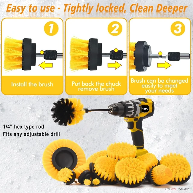 Alt view image 4 of 7 - 18 Pack Drill Brush Attachment Set Long-Reach Power Scrub Brushes for Car Detailing, Bathroom, Carpet, Tile Grout, Sinks & Corners