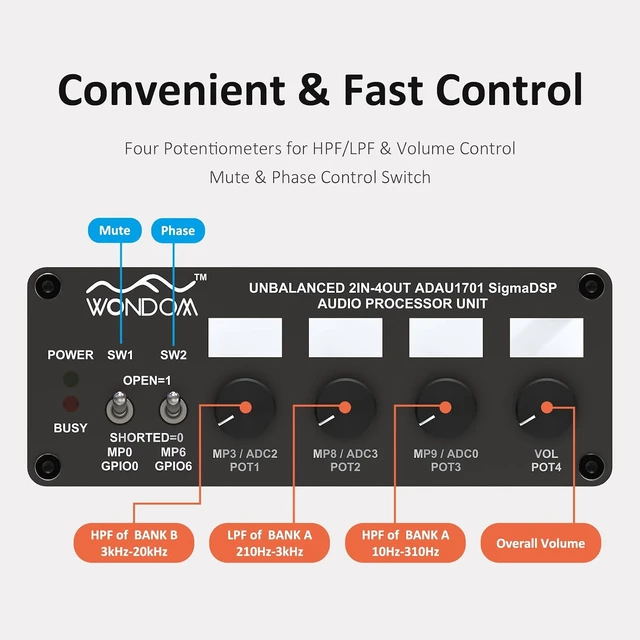 Alt view image 4 of 6 - ADAU1701 DSP Preamp Tone Board 2.2/4.0 Crossover, 2-in 4-out with Treble, Bass & Volume Control, Supports SigmaStudio
