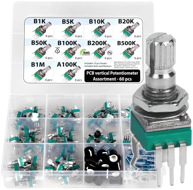 Main image of 60 Pcs 9mm PCB Potentiometer Assortment, 10 Values B1K-B1M & A100K, 15mm Axis, Vertical Legs, RV097 RK097