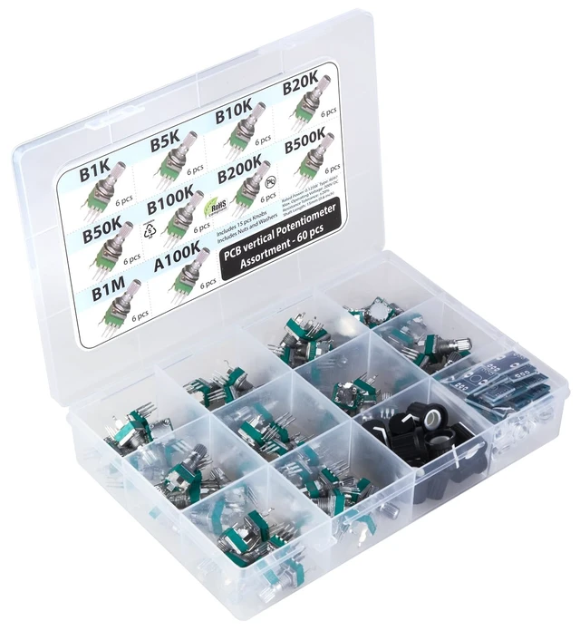 Alt view image 2 of 6 - 60 Pcs 9mm PCB Potentiometer Assortment, 10 Values B1K-B1M & A100K, 15mm Axis, Vertical Legs, RV097 RK097