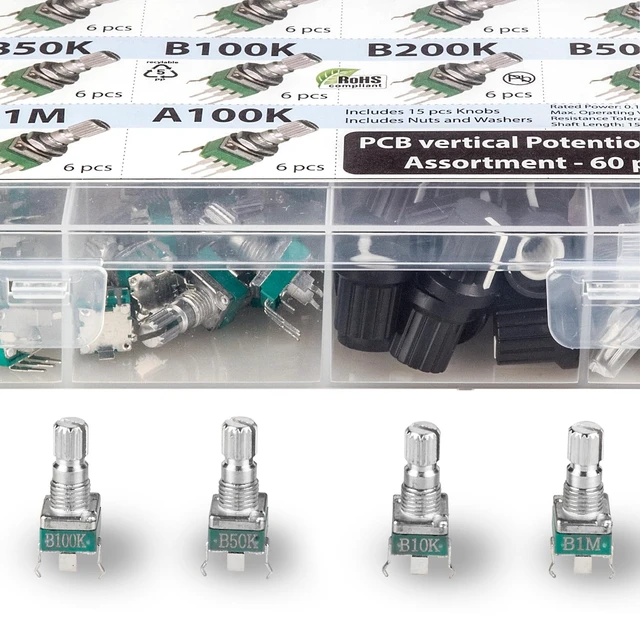 Alt view image 3 of 6 - 60 Pcs 9mm PCB Potentiometer Assortment, 10 Values B1K-B1M & A100K, 15mm Axis, Vertical Legs, RV097 RK097