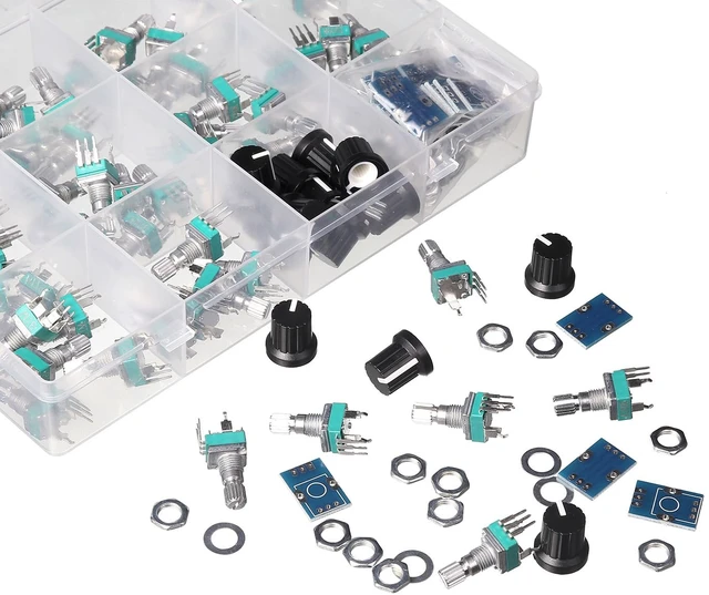 Alt view image 4 of 6 - 60 Pcs 9mm PCB Potentiometer Assortment, 10 Values B1K-B1M & A100K, 15mm Axis, Vertical Legs, RV097 RK097