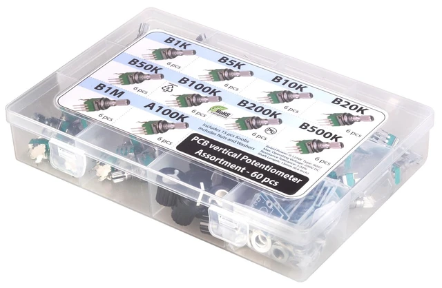Alt view image 5 of 6 - 60 Pcs 9mm PCB Potentiometer Assortment, 10 Values B1K-B1M & A100K, 15mm Axis, Vertical Legs, RV097 RK097