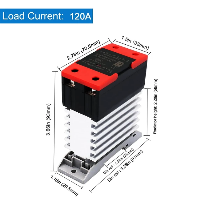 Alt view image 4 of 6 - DIN Rail Single Phase Solid State Relay (SSR) with Heat Sink, AC to AC 120A, Resistive 60A, Inductive 20A