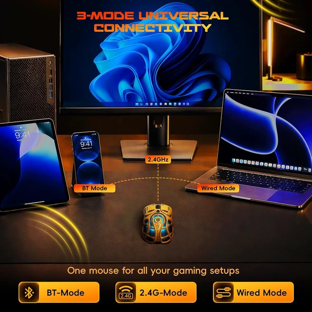 Alt view image 6 of 7 - TF-GM05 71g Ultra-Light Hollow Mecha Wireless Gaming Mouse Tri-Mode BT/2.4G/Wired, 12800 DPI, PAW3311, Huano Switches, RGB, USB-C Rechargeable (Megatron Black)