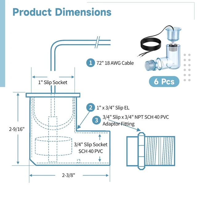 Alt view image 4 of 5 - 6 SS2 L-Shape AC Float Switches with 3/4in Adapter & 6 ft Wire for HVAC Drain