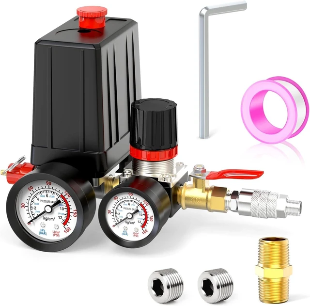 Main image of Air Compressor Pressure Switch Control Valve 90-120 PSI, 110V-240V, 4-Way, with 0-180 PSI Regulator & Safety Relief Valve