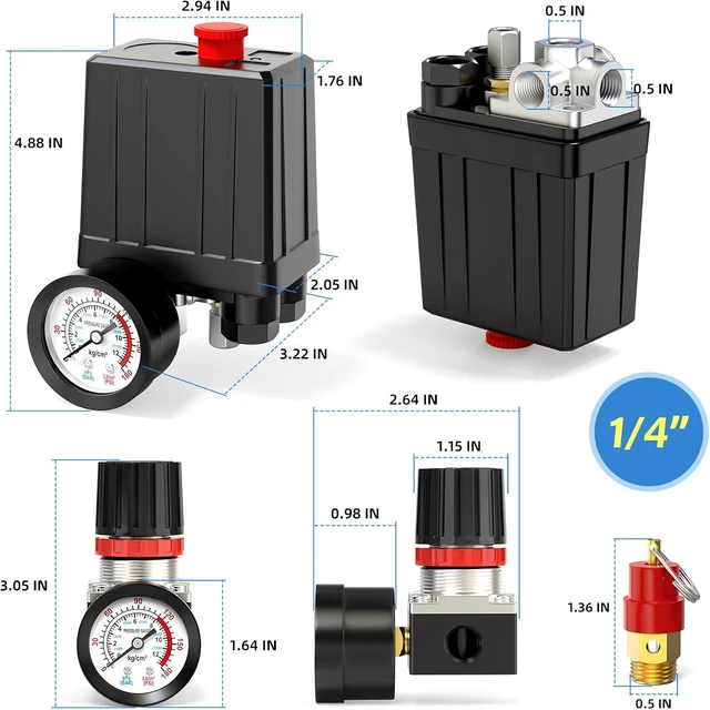 Alt view image 2 of 7 - Air Compressor Pressure Switch Control Valve 90-120 PSI, 110V-240V, 4-Way, with 0-180 PSI Regulator & Safety Relief Valve