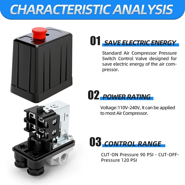 Alt view image 3 of 7 - Air Compressor Pressure Switch Control Valve 90-120 PSI, 110V-240V, 4-Way, with 0-180 PSI Regulator & Safety Relief Valve