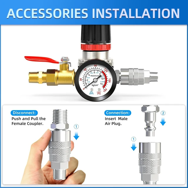 Alt view image 5 of 7 - Air Compressor Pressure Switch Control Valve 90-120 PSI, 110V-240V, 4-Way, with 0-180 PSI Regulator & Safety Relief Valve