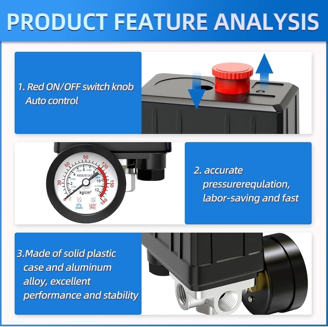 Alt view image 6 of 7 - Air Compressor Pressure Switch Control Valve 90-120 PSI, 110V-240V, 4-Way, with 0-180 PSI Regulator & Safety Relief Valve
