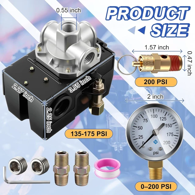 Alt view image 2 of 7 - Air Compressor Pressure Switch, 135-175 PSI, 4-Port Plug Fitting Kit
