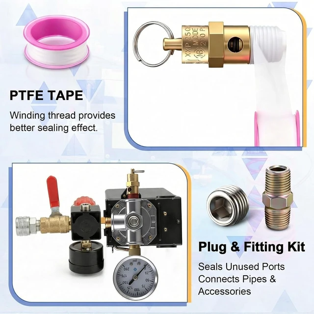 Alt view image 5 of 7 - Air Compressor Pressure Switch, 135-175 PSI, 4-Port Plug Fitting Kit
