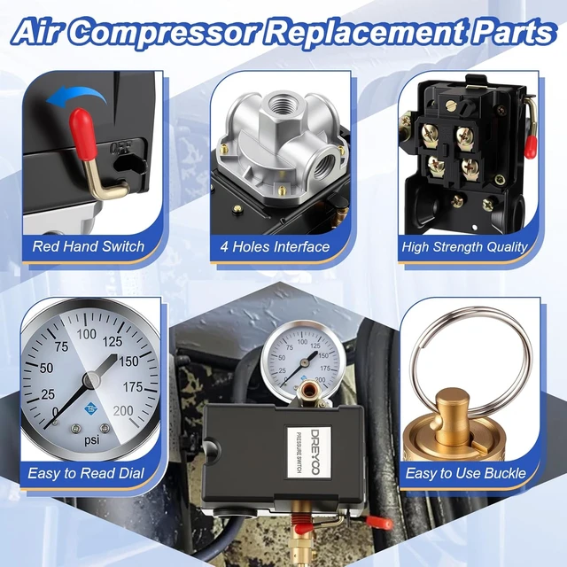 Alt view image 4 of 7 - Air Compressor Pressure Switch, 135-175 PSI, 4-Port Plug Fitting Kit