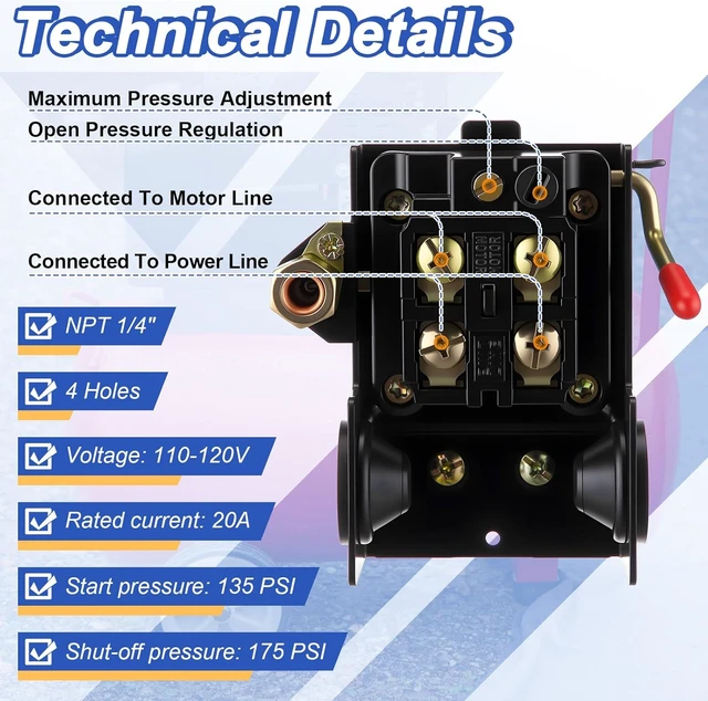 Alt view image 3 of 7 - Air Compressor Pressure Switch, 135-175 PSI, 4-Port Plug Fitting Kit