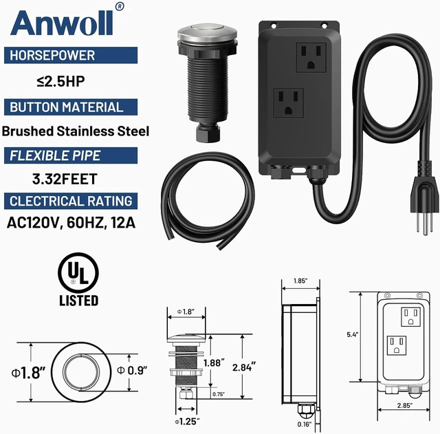 Alt view image 4 of 7 - Professional Garbage Disposal Air Switch Kit, Dual Outlet Sink-Top On/Off Button, UL Listed