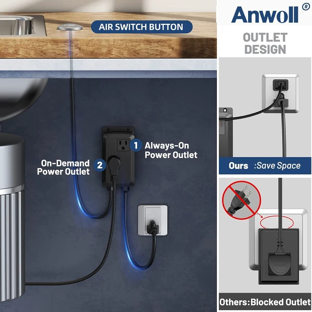 Alt view image 3 of 7 - Professional Garbage Disposal Air Switch Kit, Dual Outlet Sink-Top On/Off Button, UL Listed