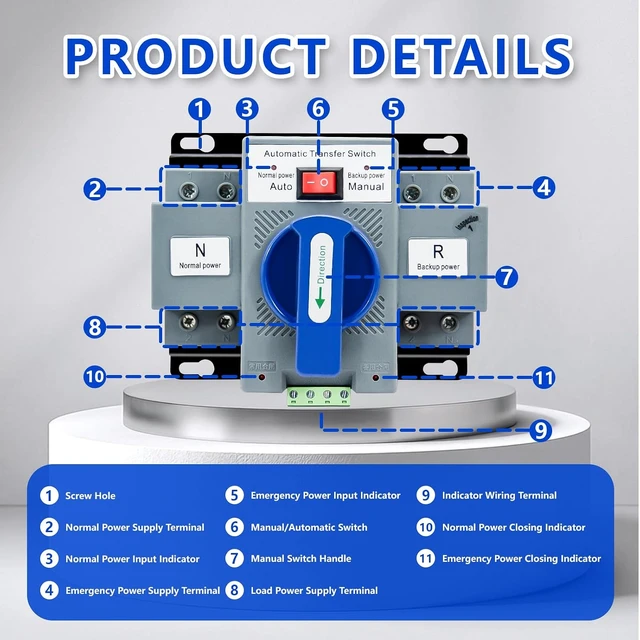 Alt view image 6 of 7 - 63A 2P Dual Power Automatic Transfer Switch (ATS), AC 110V, 50Hz/60Hz