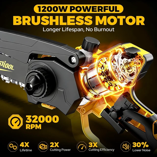 Alt view image 3 of 7 - 1200W Brushless Cordless Mini Chainsaw for DeWalt 20V MAX Battery, 6 & 8 Inch Handheld Pruning Saw with Auto Oiler, Gift for Men, Husbands & Fathers (Tool Only)