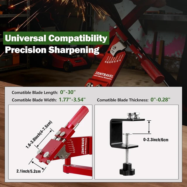 Alt view image 2 of 6 - Lawn Mower Blade Sharpener Kit with Model 5005 Sharpener, Metal Balancer & Quick-Install Clamp, for Right & Left Hand Mower Blades (Red)