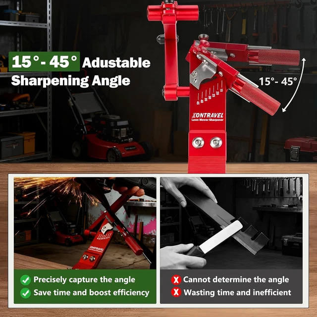 Alt view image 3 of 6 - Lawn Mower Blade Sharpener Kit with Model 5005 Sharpener, Metal Balancer & Quick-Install Clamp, for Right & Left Hand Mower Blades (Red)